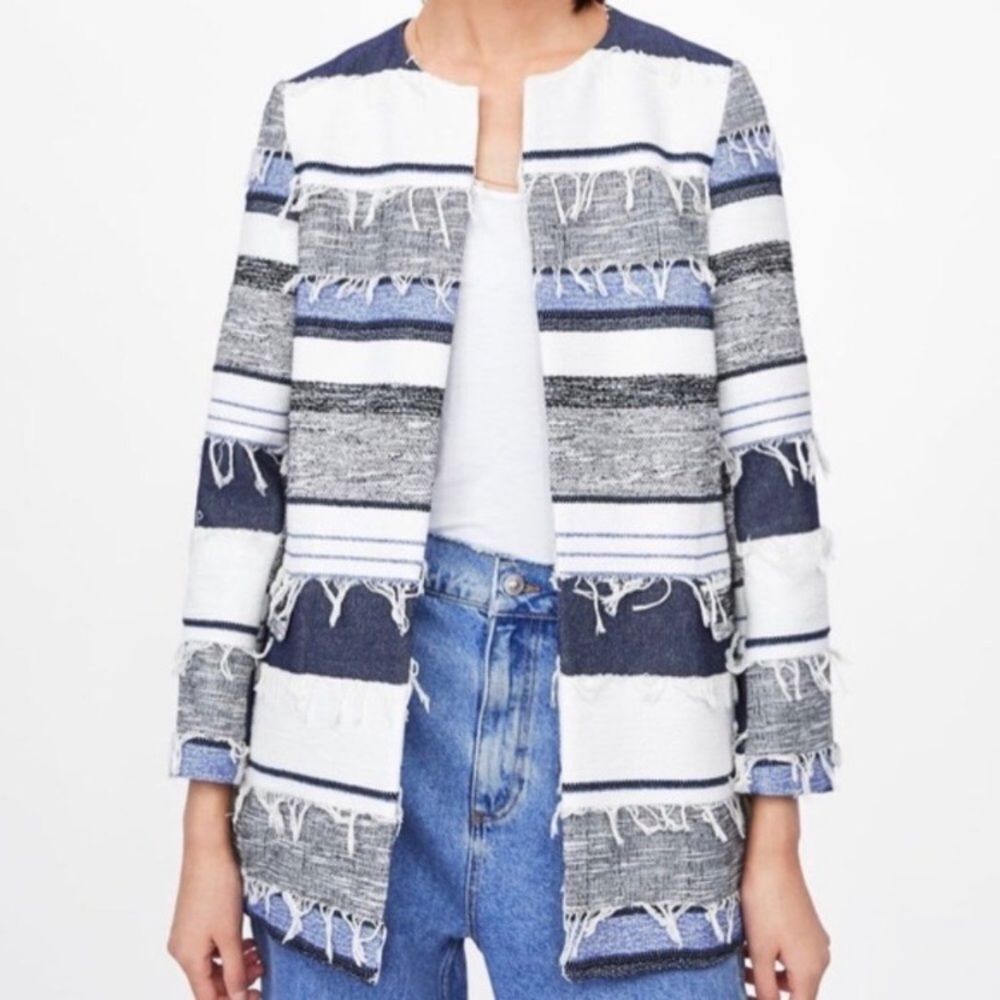 Zara blue white stripe fringe open jacket cotton large